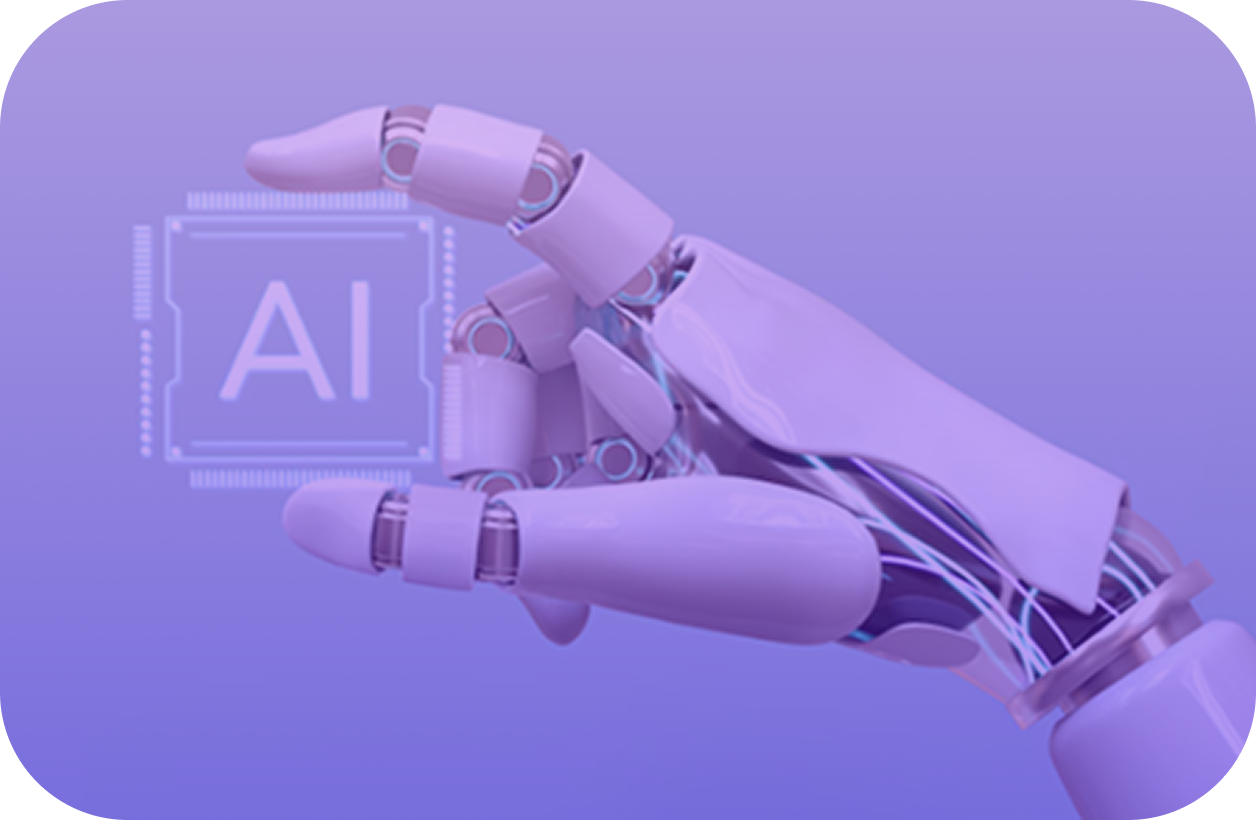 Purple robotic hand holding a digital AI chip icon on a purple gradient background.