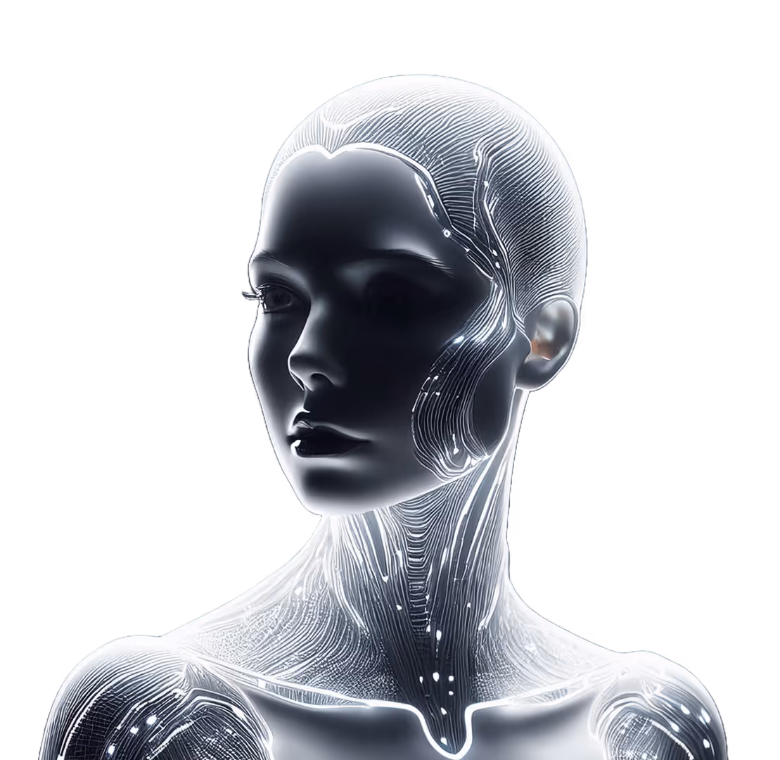 Futuristic, glowing humanoid figure with intricate white circuit-like patterns on a dark face and neck.