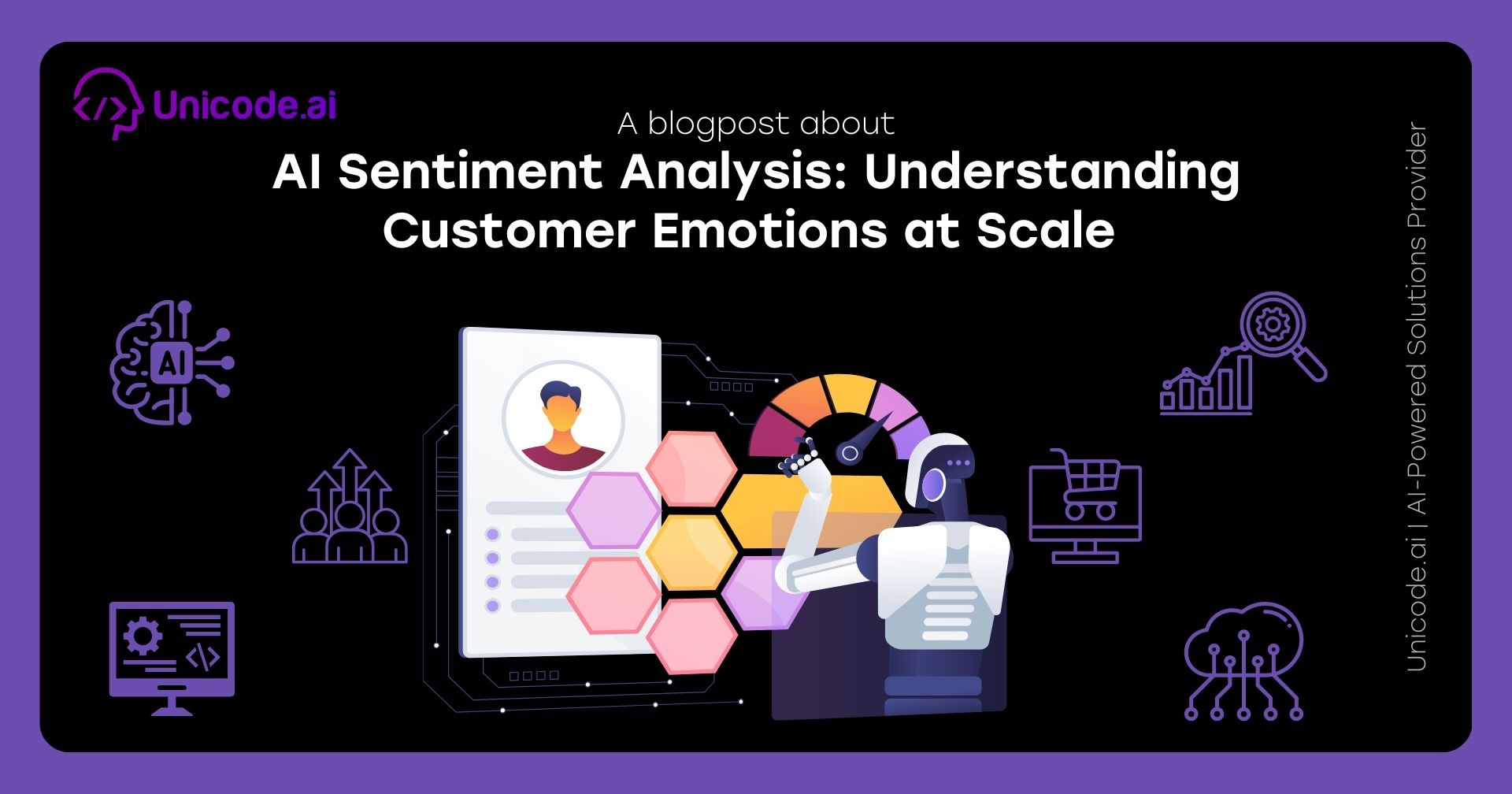 Blog cover with Unicode.ai logo featuring AI sentiment and review analysis solutions icons, including a hand selecting a happy face, user avatar surrounded by arrows, and various tech and analytics symbols on a black and purple background.