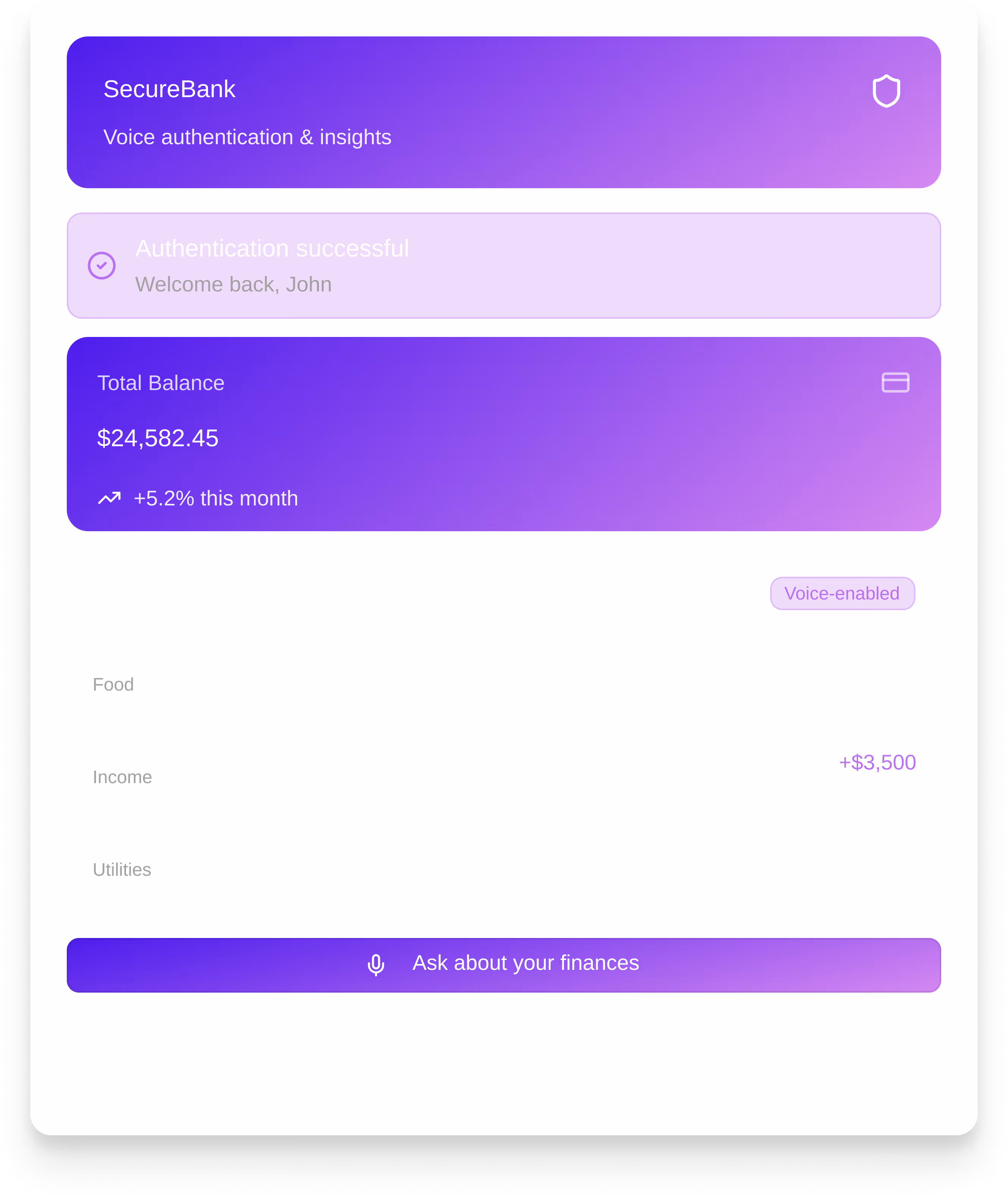 SecureBank app interface showing voice authentication success, total balance of $24,582.45 with a 5.2% increase this month, income of $3,500, and a button to ask about finances.