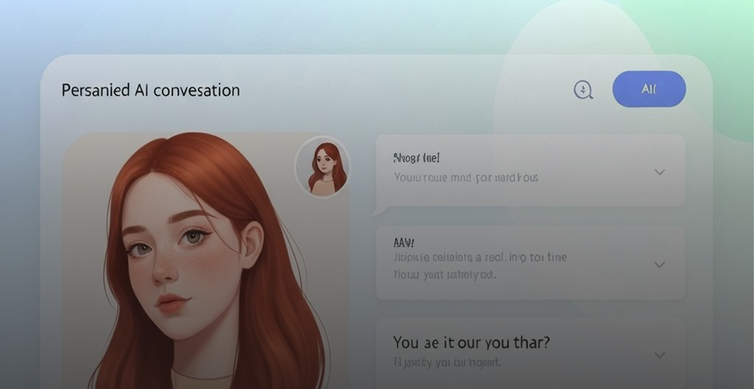 Digital portrait of a young woman with long red hair and light makeup on a pale background with conversation bubbles to the right.