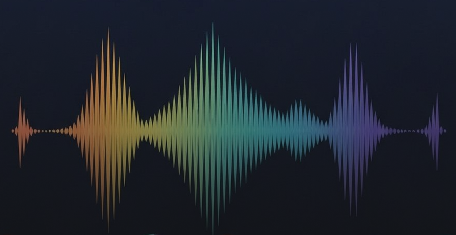 Colorful sound wave pattern with peaks transitioning from orange to purple on a dark background.