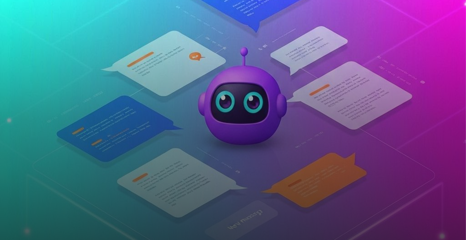 3D purple chatbot icon with big eyes surrounded by various colored digital chat bubbles on a gradient blue and purple background.