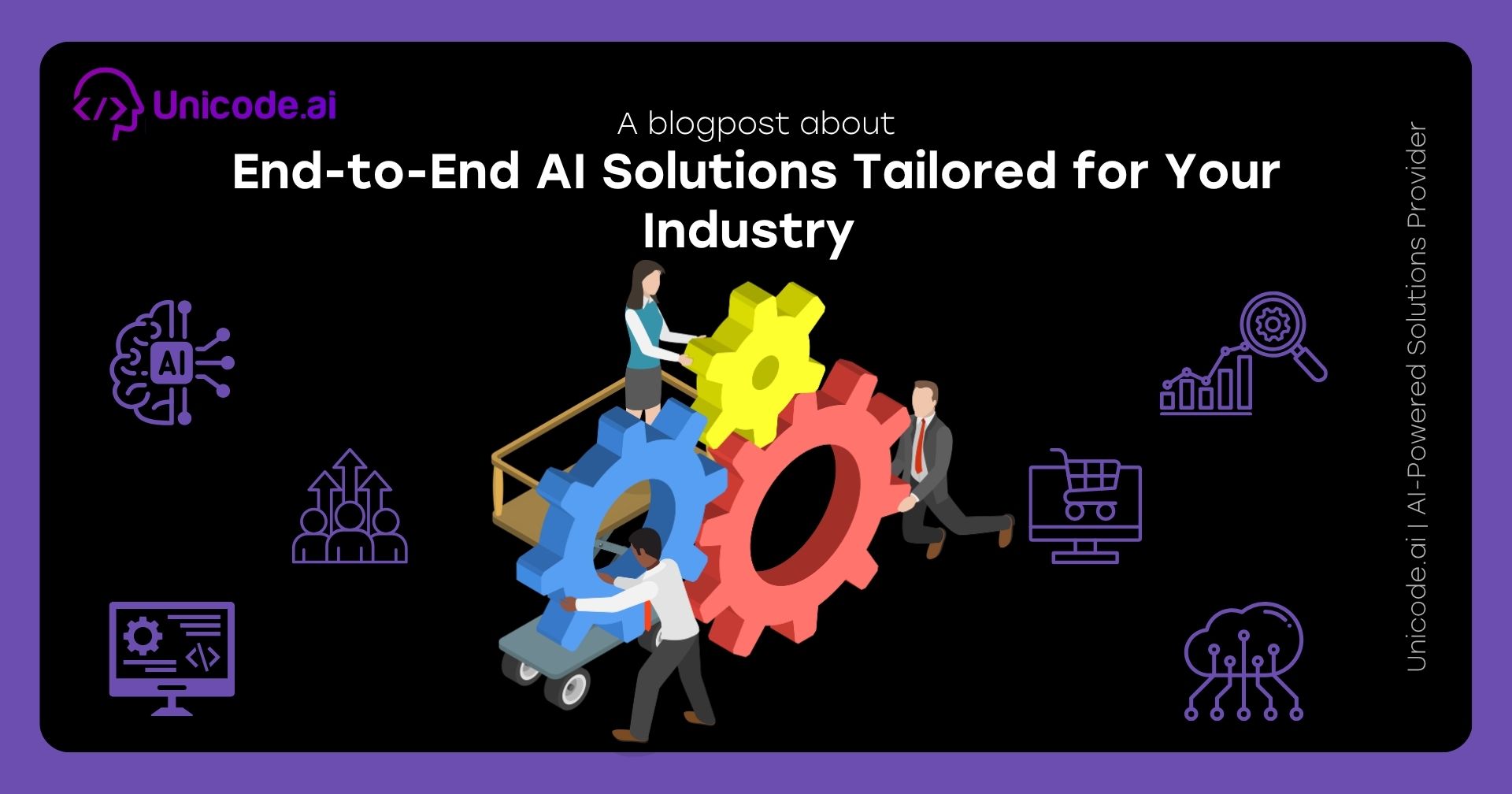 Blog cover with Unicode.ai logo featuring AI sentiment and review analysis solutions icons, including a hand selecting a happy face, user avatar surrounded by arrows, and various tech and analytics symbols on a black and purple background.