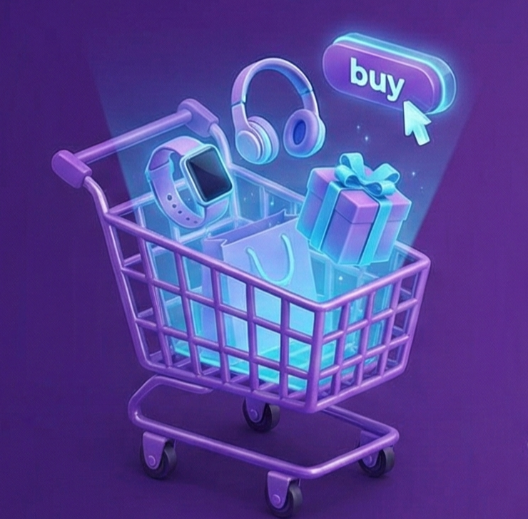 Purple shopping cart containing a smartwatch, headphones, gift box, shopping bag, and a glowing 'buy' button with a cursor pointer.