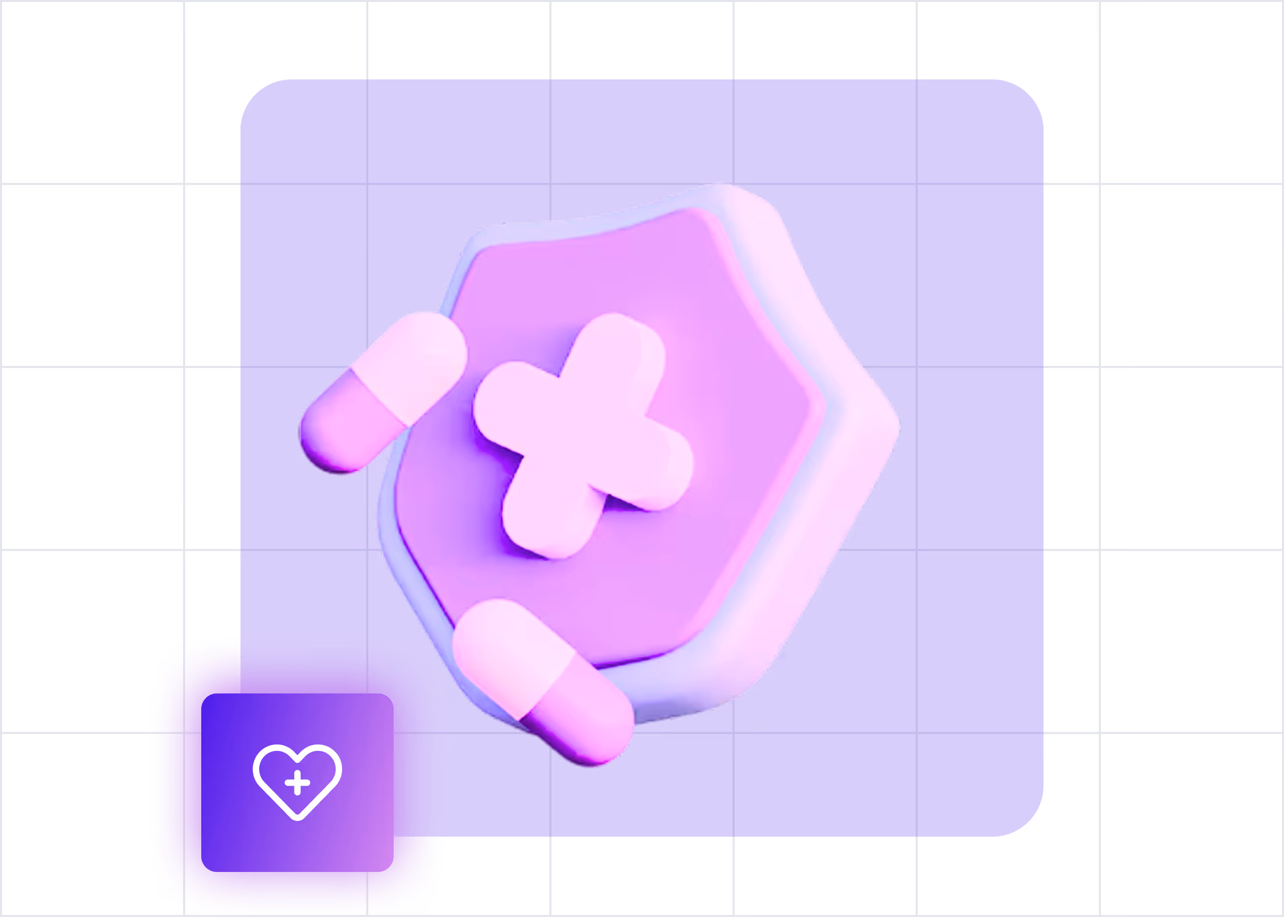 3D purple shield with a pink medical cross and two pink capsules on a blue background, with a glowing heart icon containing a plus sign.
