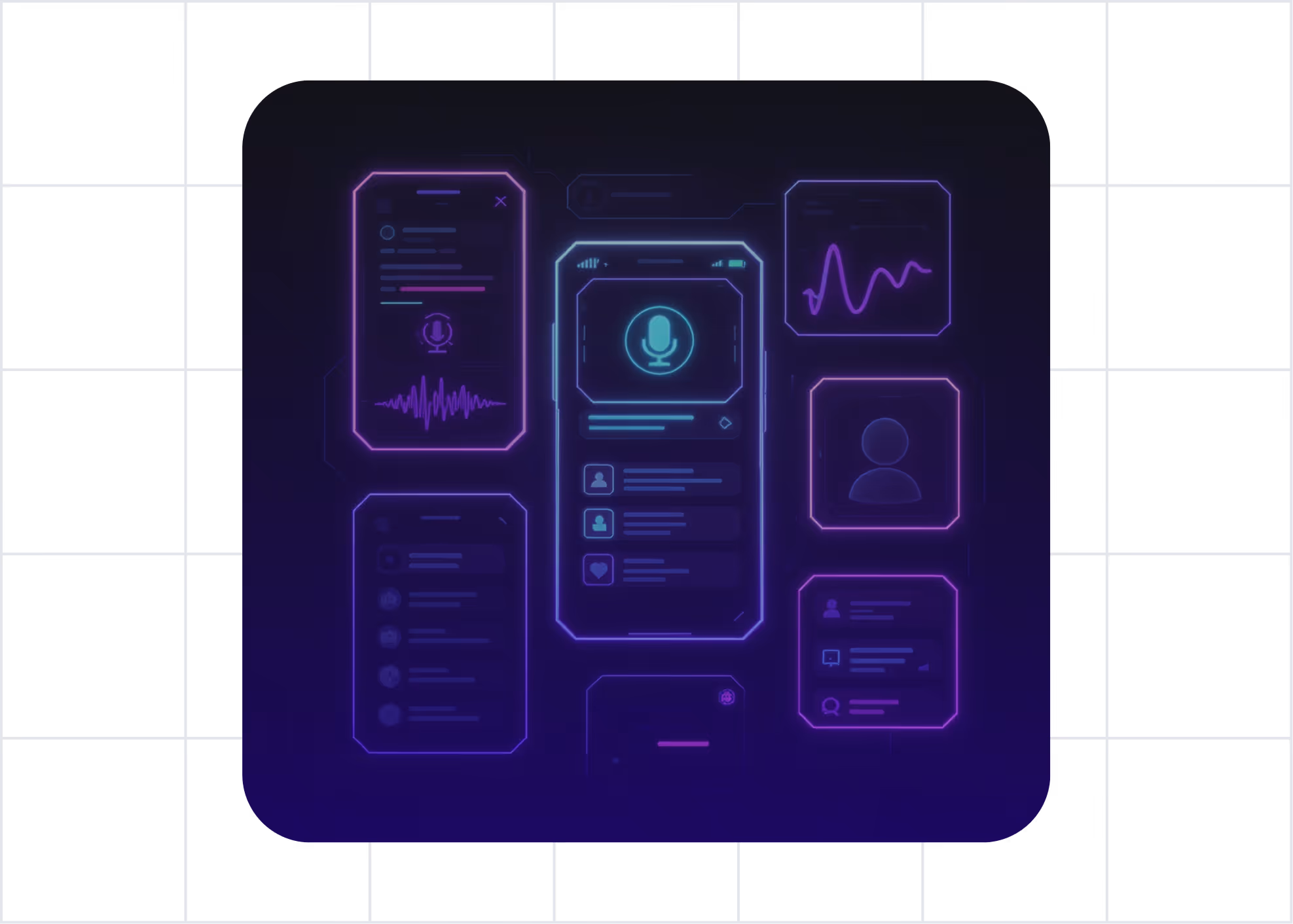 Futuristic user interface with neon glowing icons including a central microphone icon, waveform graphics, and user profile elements on a dark background.