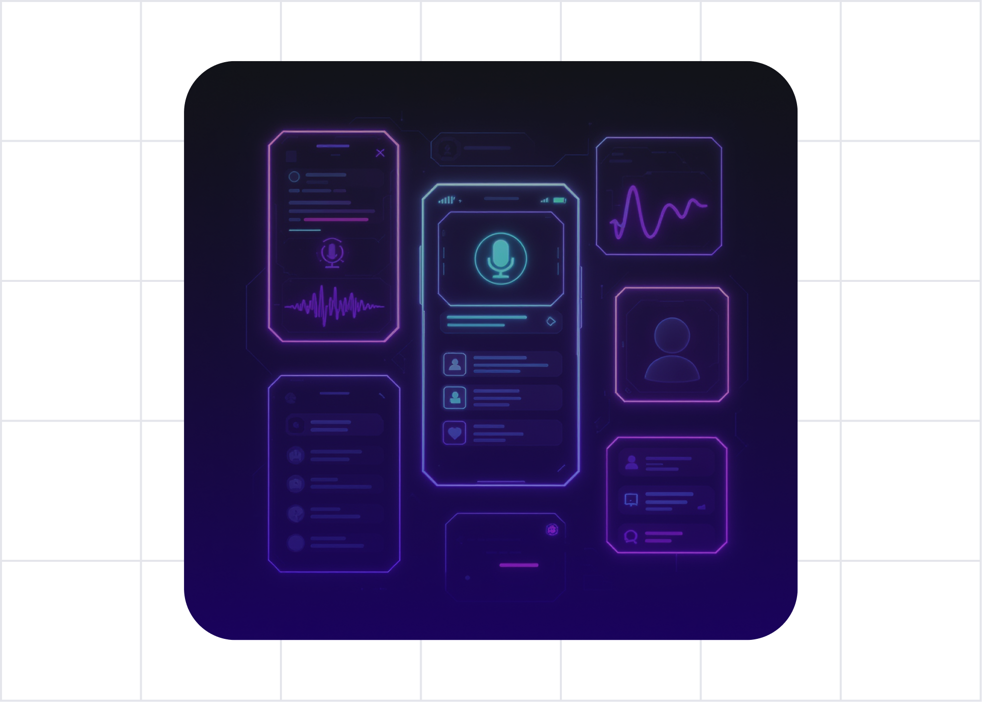 Futuristic user interface with neon glowing icons including a central microphone icon, waveform graphics, and user profile elements on a dark background.