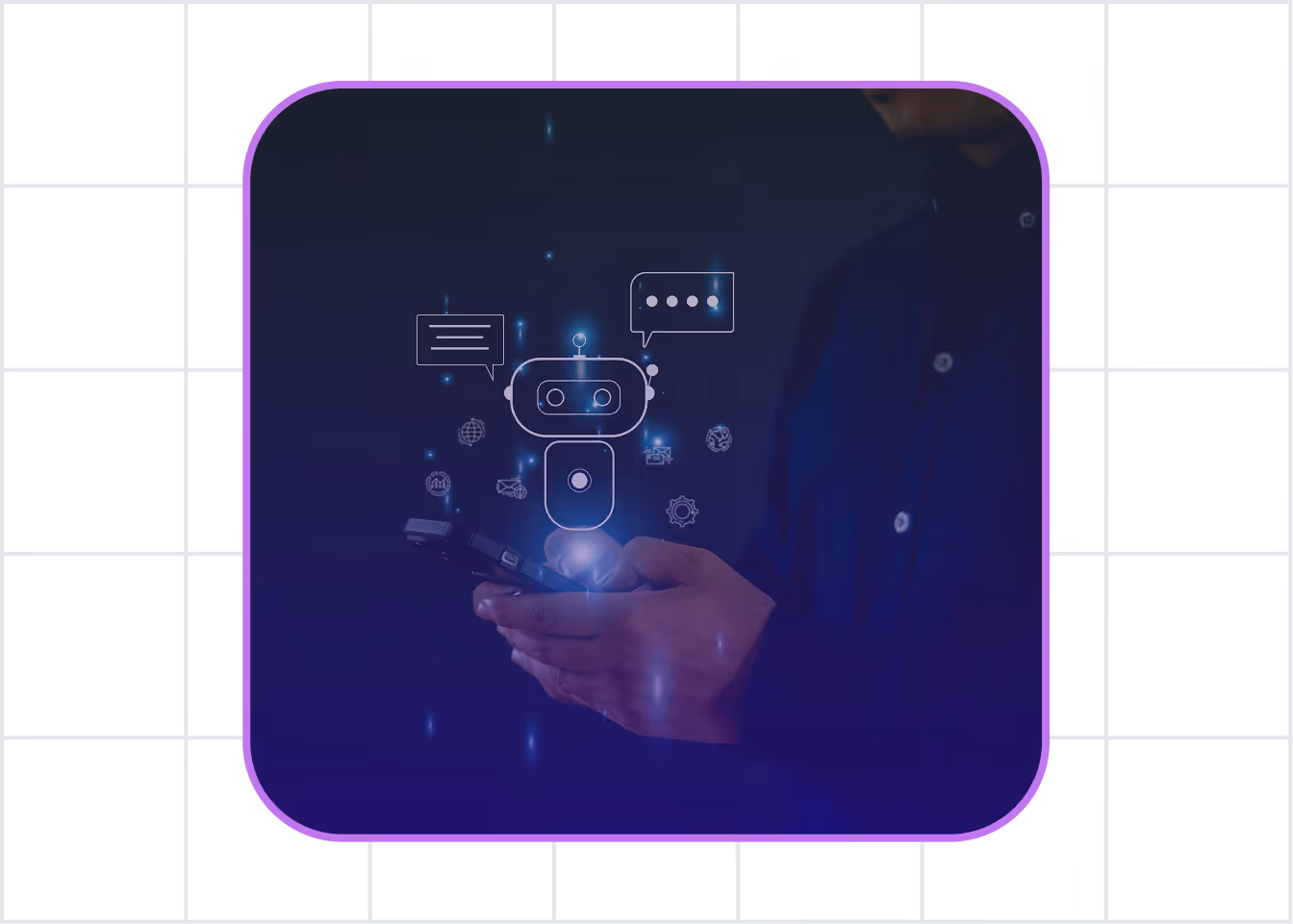 Person holding a smartphone with glowing chatbot and digital communication icons above the device.