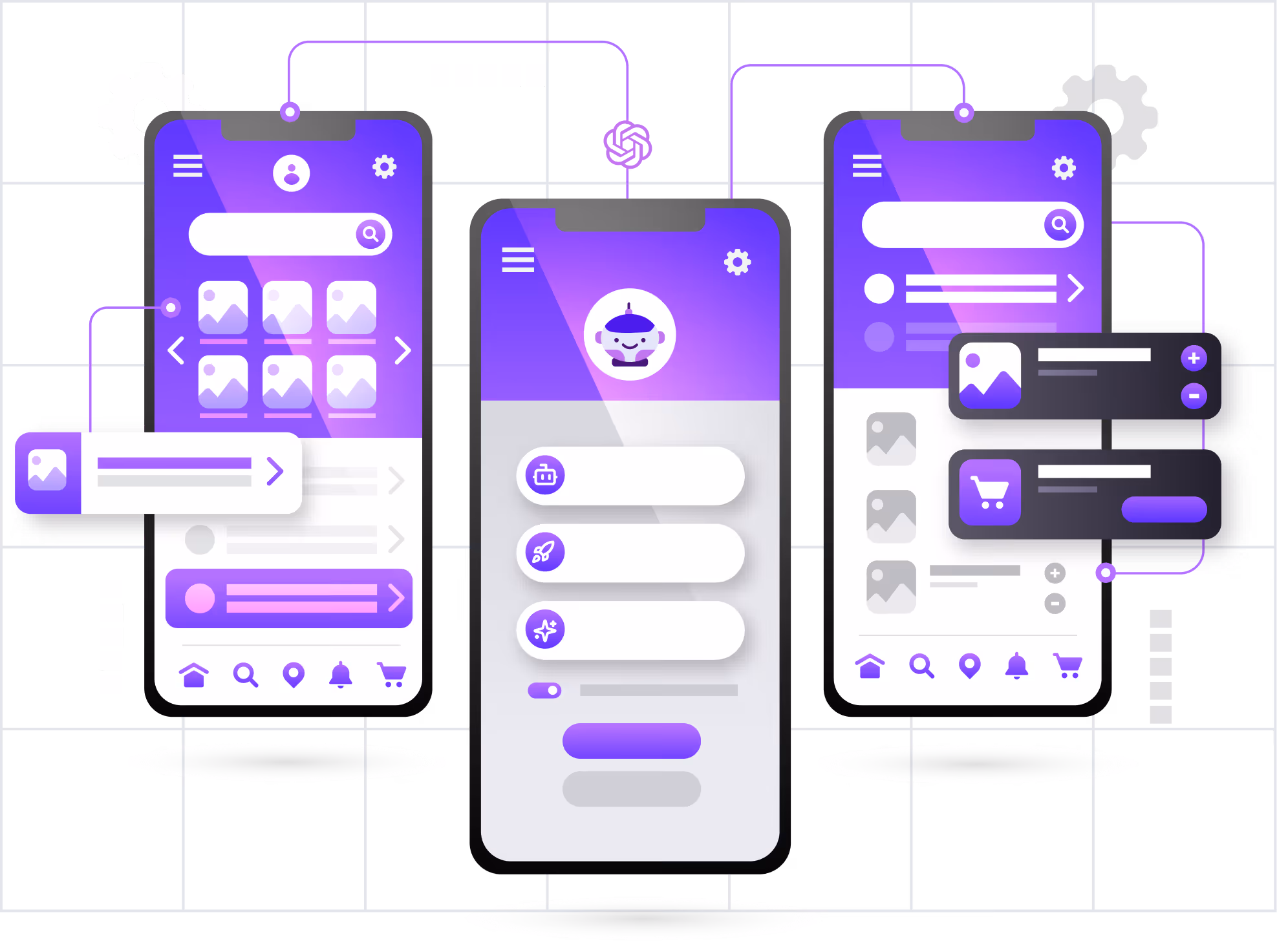 Three smartphone screens displaying a purple and white app interface with icons, search bars, menus, and chatbot integration connected by lines and gears on a dark grid background.