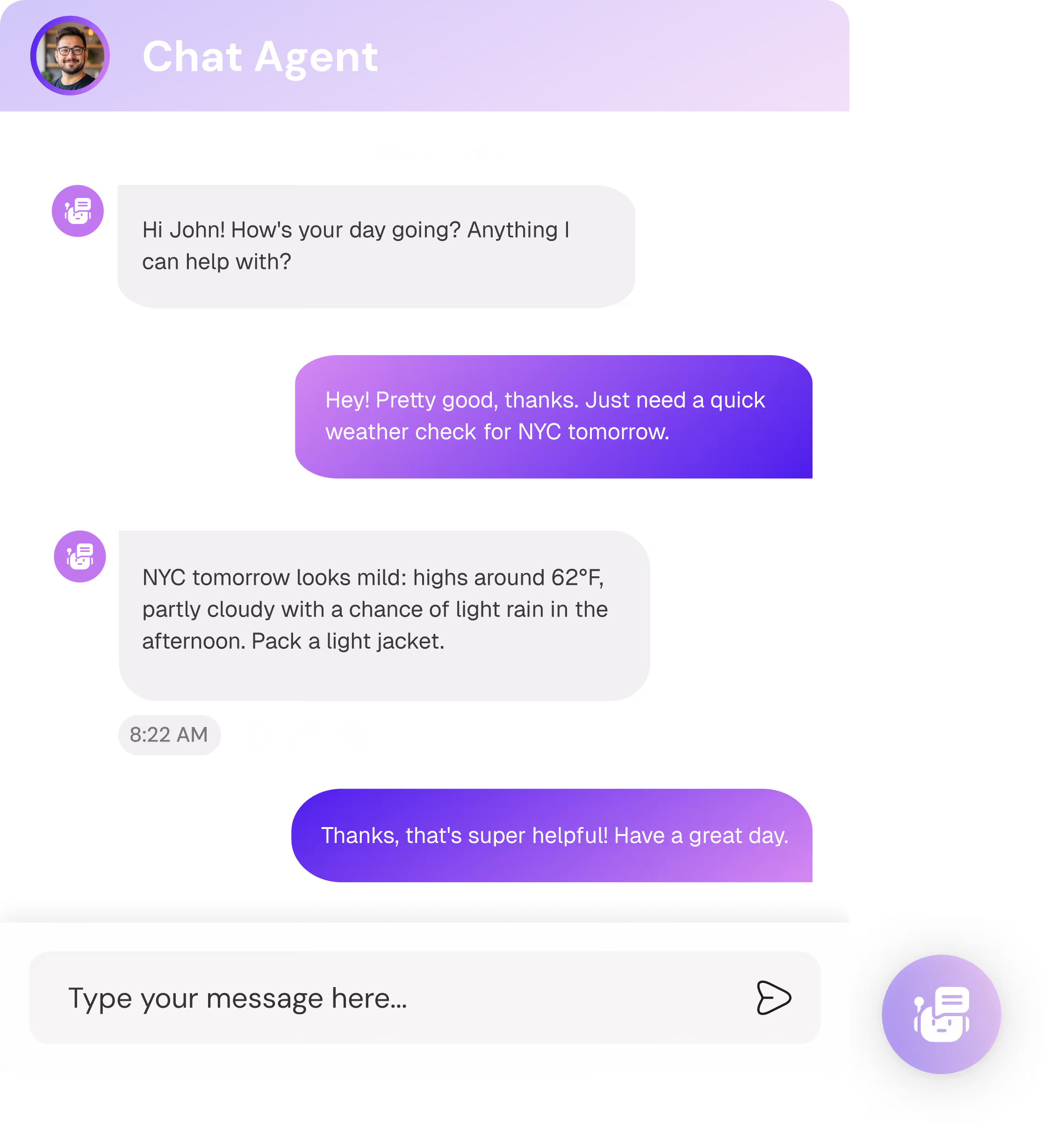 Chat interface with user and agent discussing weather forecast for NYC tomorrow, showing mild conditions with highs around 62°F and light rain chance.