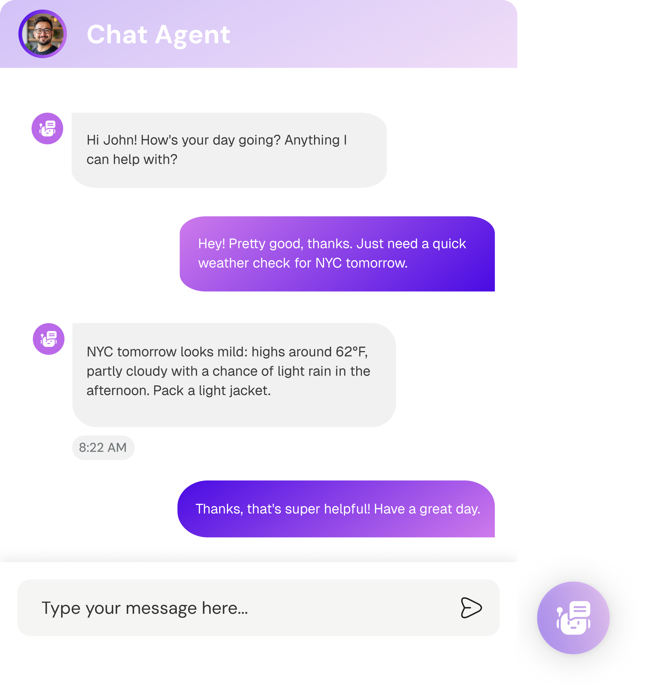 Chat interface with user and agent discussing weather forecast for NYC tomorrow, showing mild conditions with highs around 62°F and light rain chance.