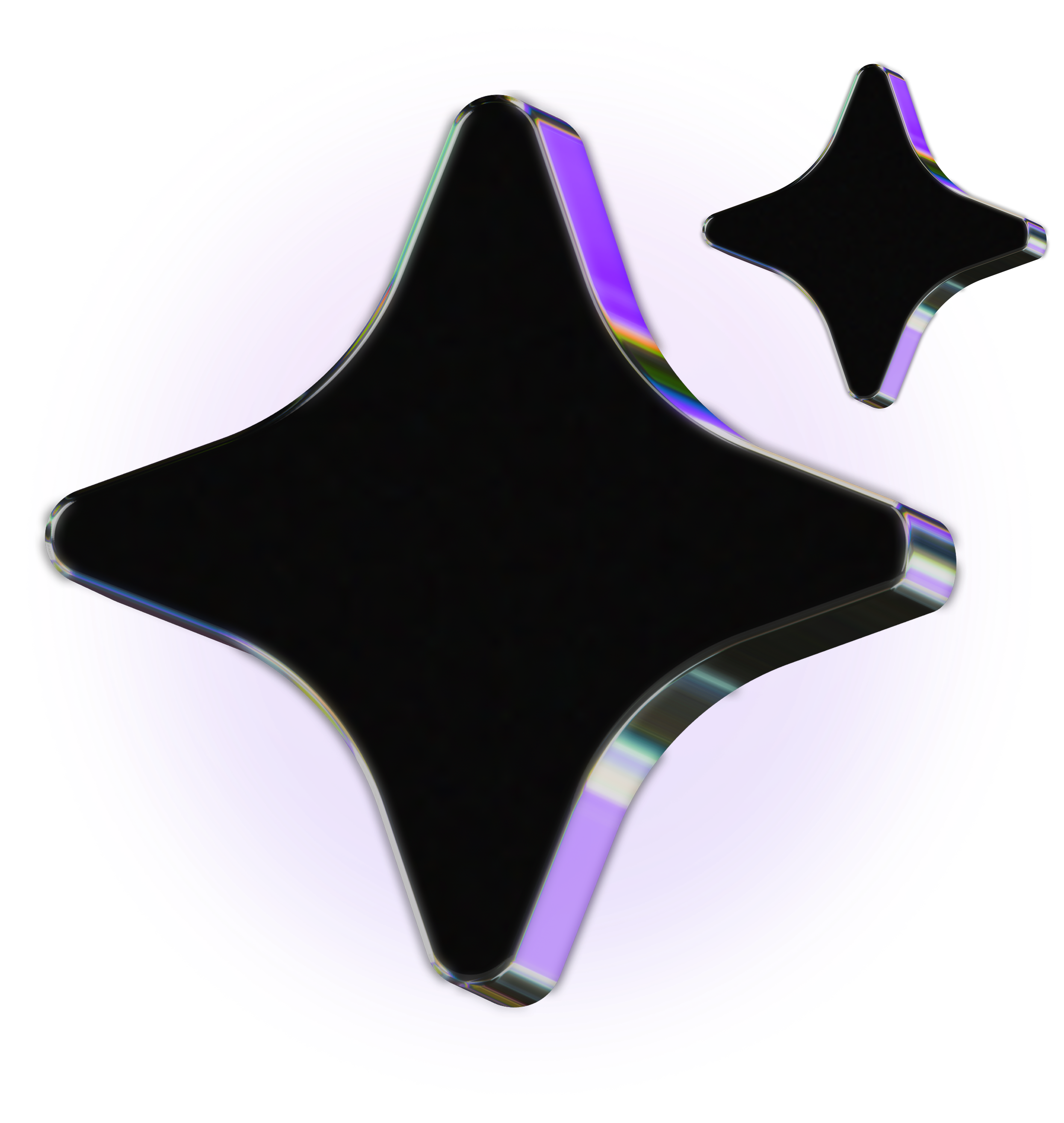 Two glossy black 3D star shapes with reflective edges on a glowing purple circular background.