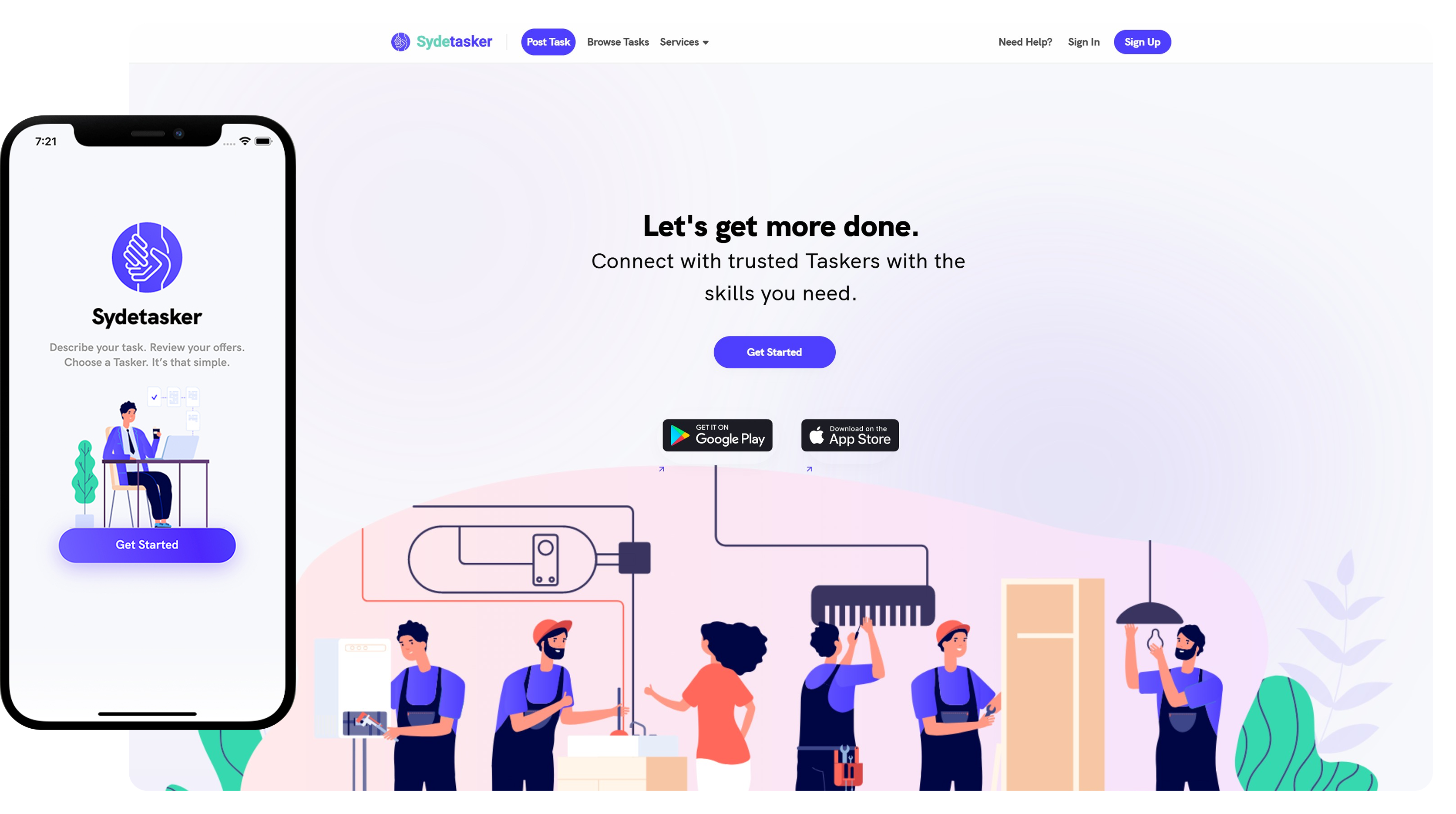 Sydetasker app interface on phone showing 'Get Started' button with illustration of person working, and a website banner with text 'Let's get more done. Connect with trusted Taskers with the skills you need.' alongside illustrations of people performing various handyman tasks.