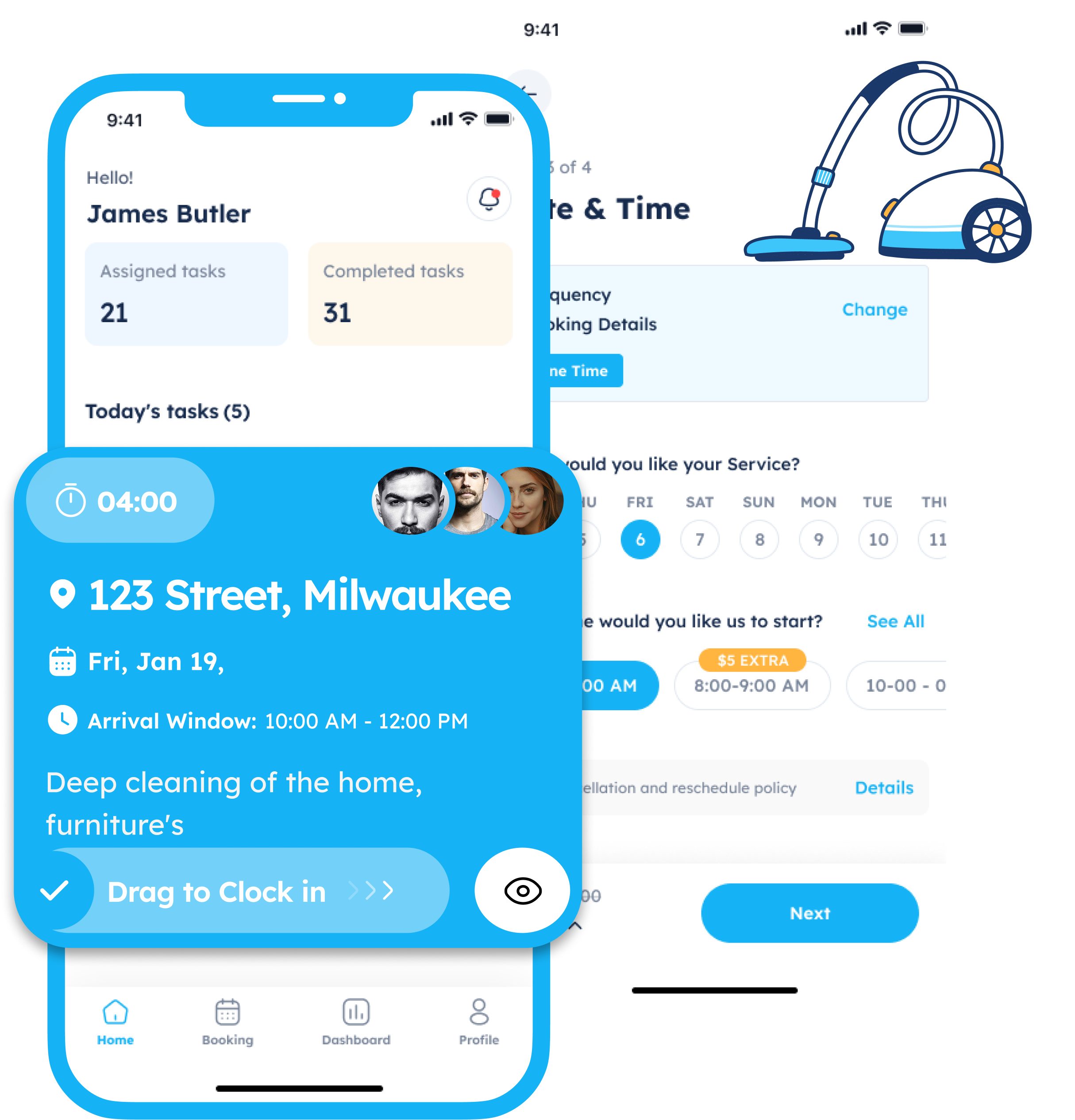Mobile app interface showing a cleaning task assigned to James Butler with details including address, date, arrival window, and a drag-to-clock-in feature, with a vacuum cleaner illustration.