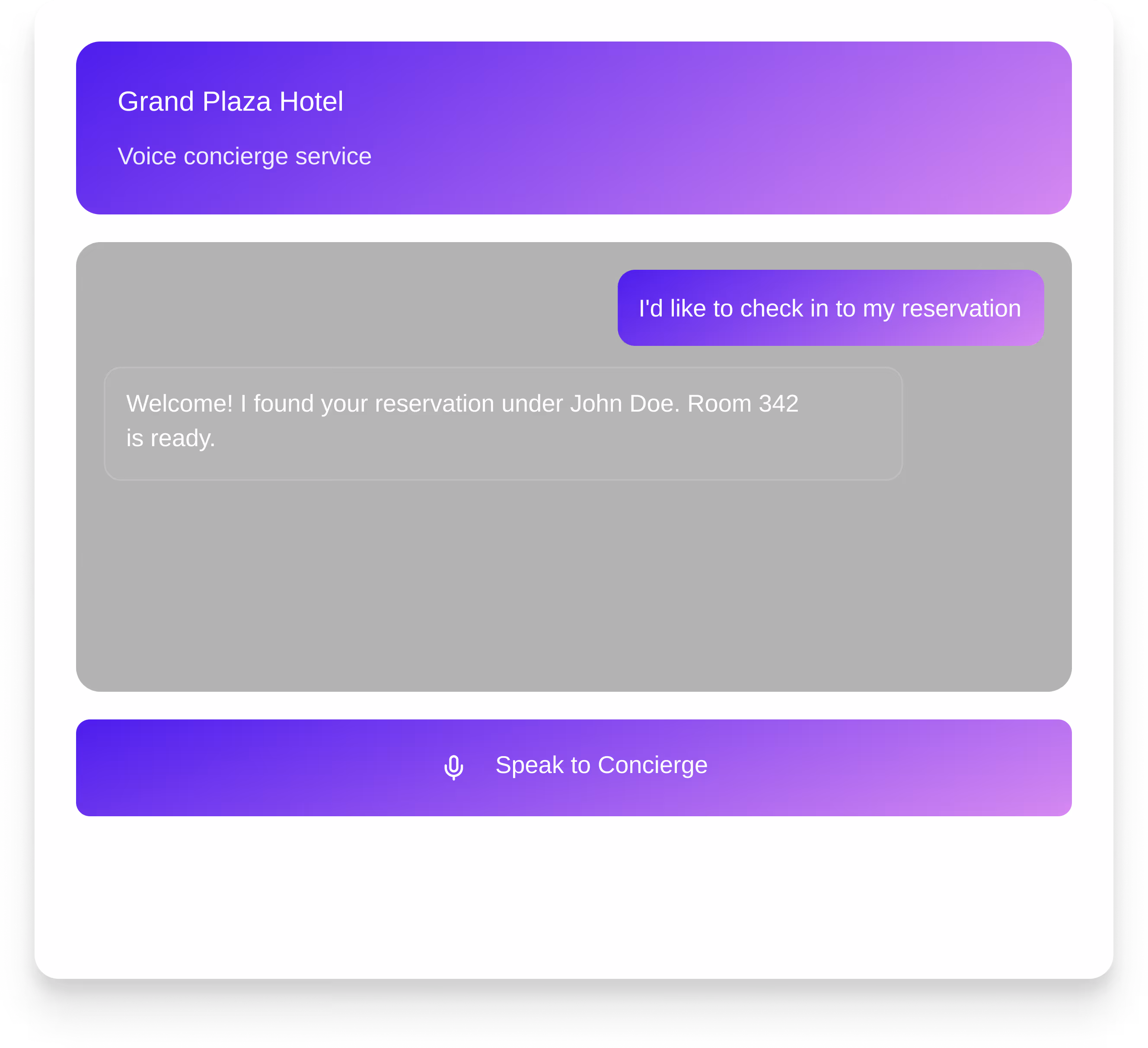 Chat interface of Grand Plaza Hotel voice concierge where user requests to check in, and system confirms reservation for John Doe, Room 342.