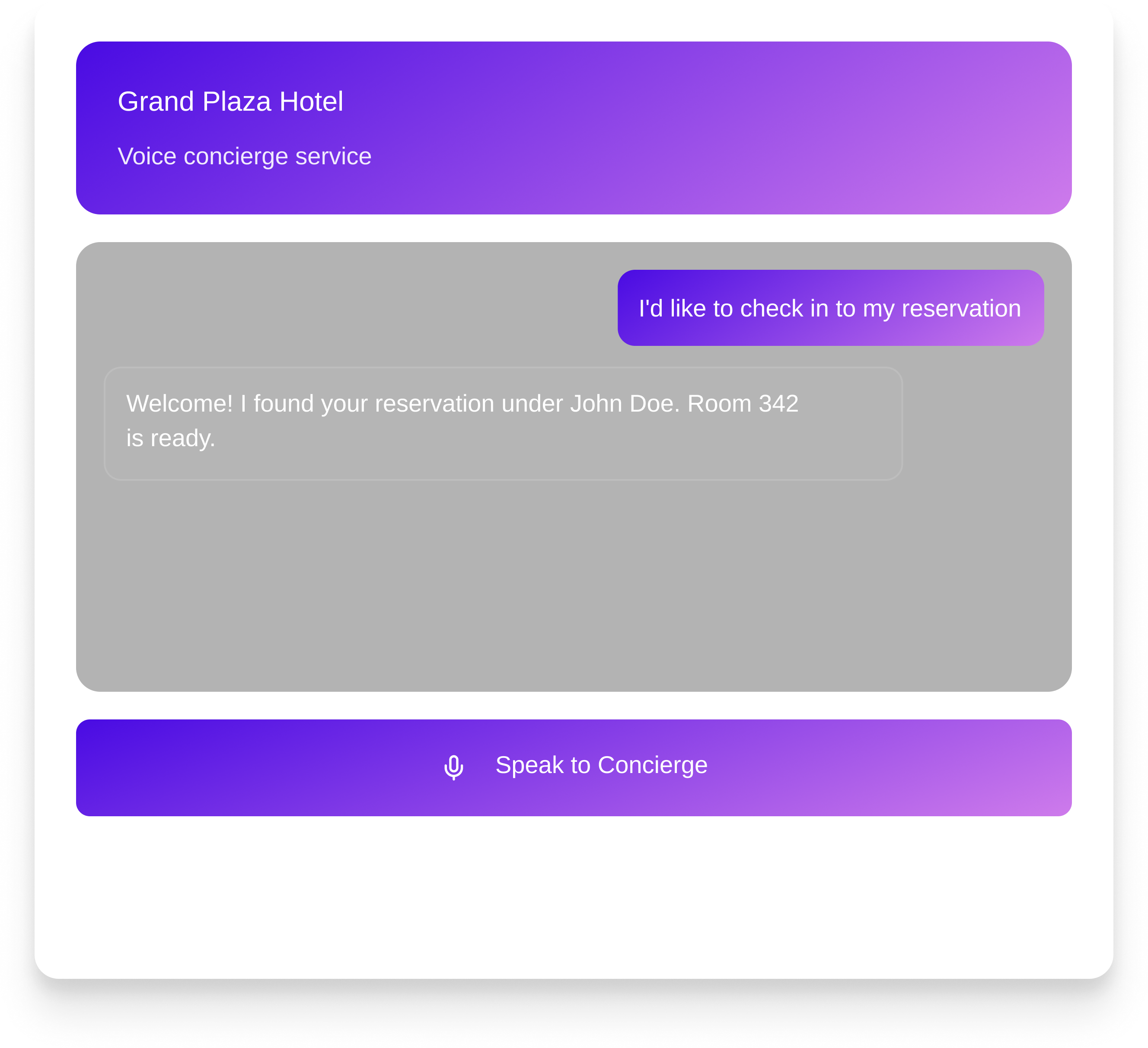 Chat interface of Grand Plaza Hotel voice concierge where user requests to check in, and system confirms reservation for John Doe, Room 342.