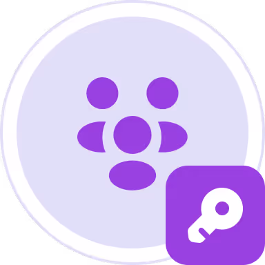 Purple abstract group of people icon with a small key icon on a purple square overlay.