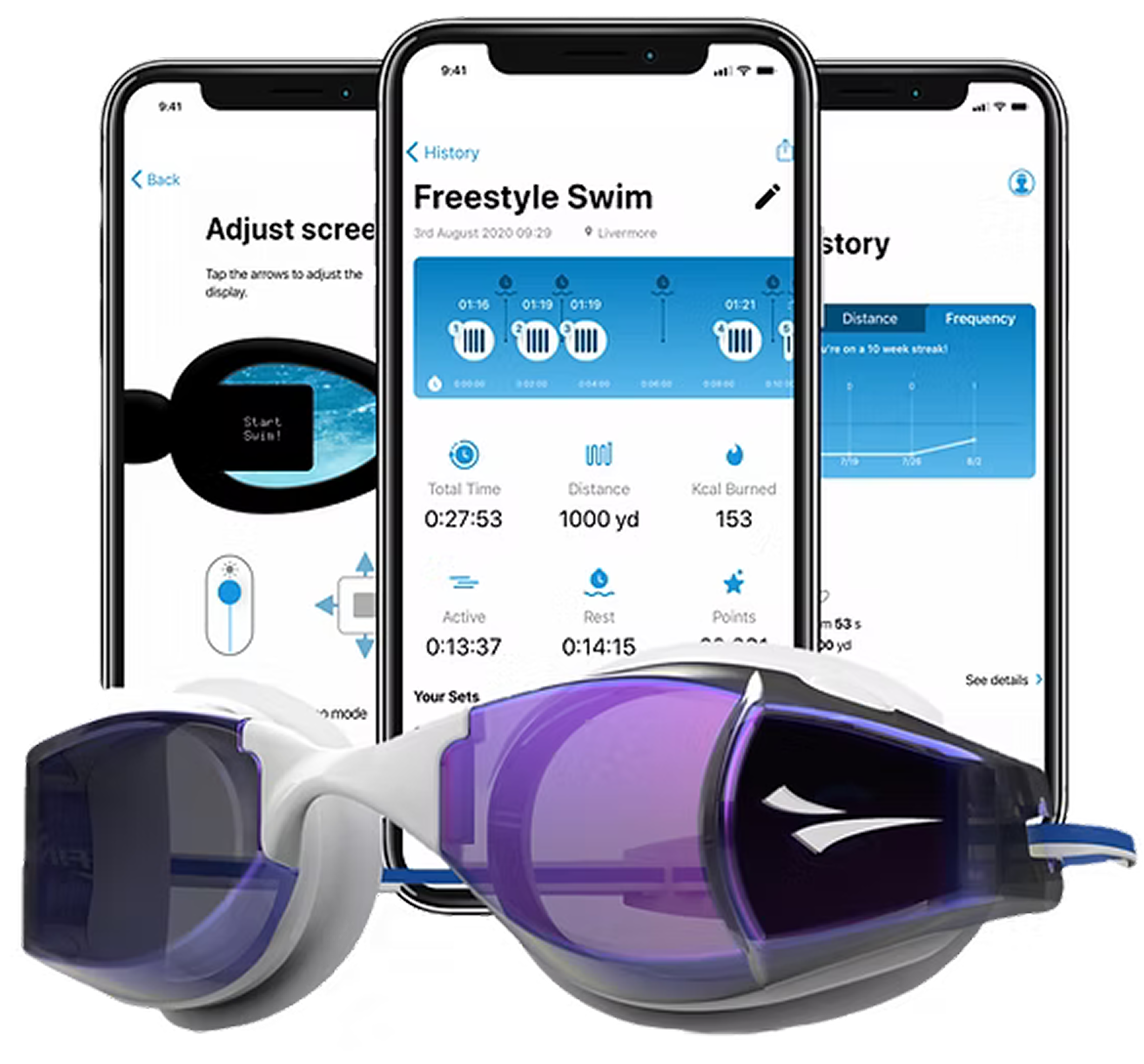 Swim goggles in front of three smartphones displaying a swim tracking app with freestyle swim statistics and history.
