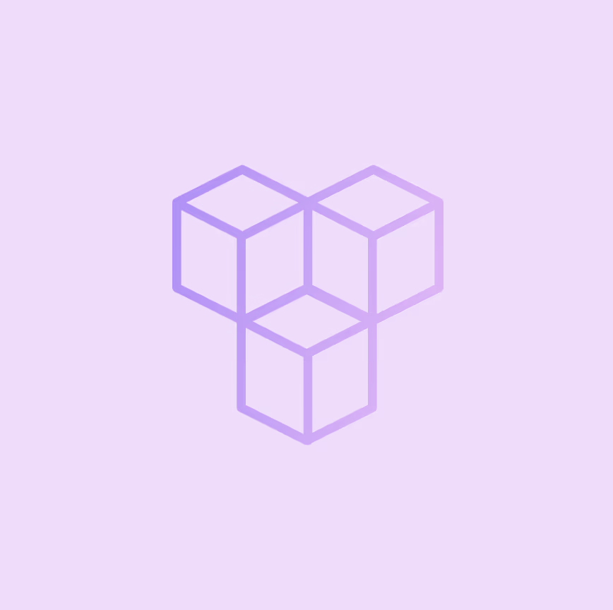 Three interconnected transparent cubic outlines with gradient purple lines on a solid purple background.