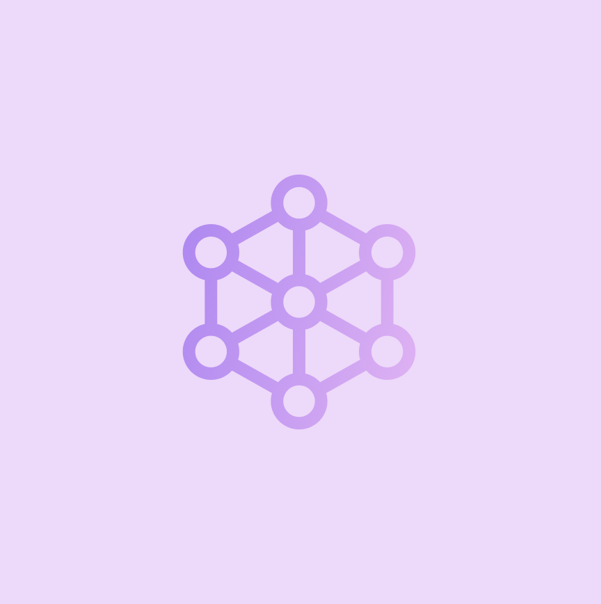 Hexagonal network icon with connected nodes on a purple gradient background.