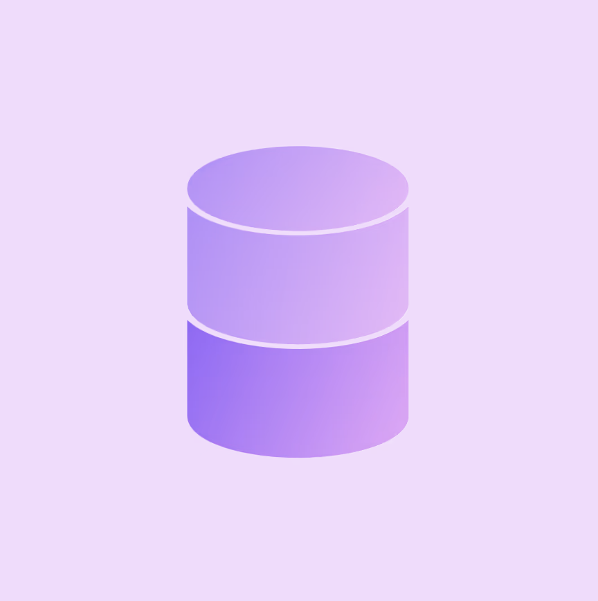 Purple cylindrical database icon with gradient shades on a solid purple background.