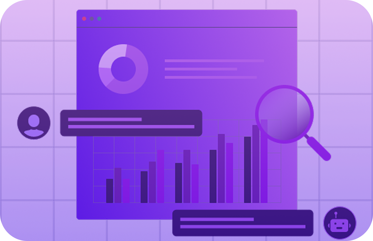 Purple-toned digital dashboard with bar chart, pie chart, magnifying glass, user icon, and chatbot icon overlay.