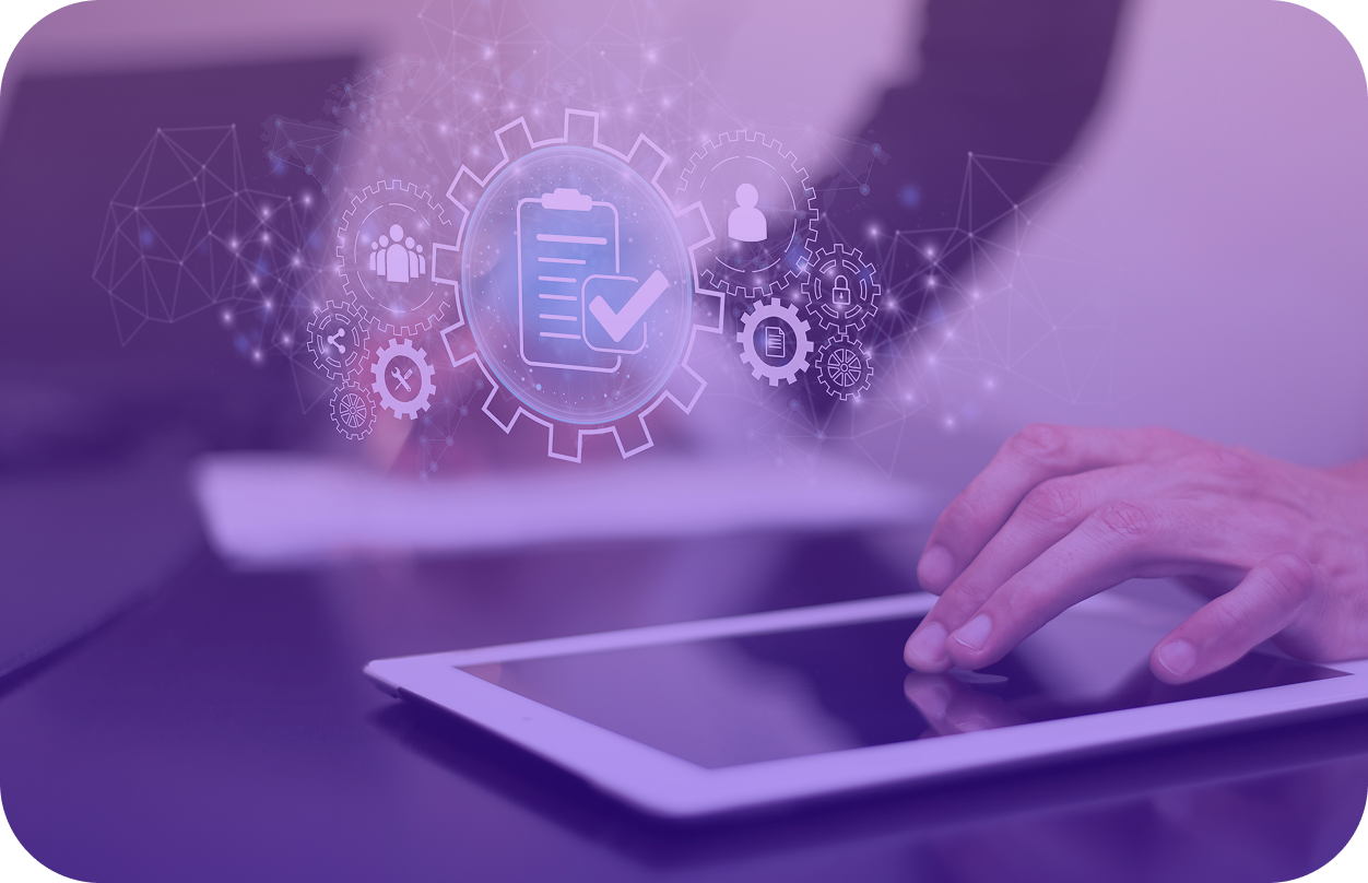 Person using a tablet with floating digital icons of gears and checklists representing productivity and workflow management.