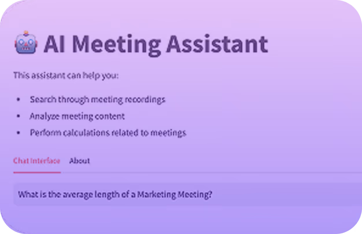 AI Meeting Assistant interface showing features like searching meeting recordings, analyzing meeting content, and performing meeting calculations, with a chat input asking about average marketing meeting length.