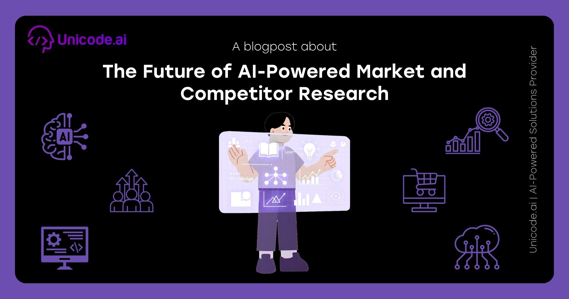 Blog cover with Unicode.ai logo featuring AI sentiment and review analysis solutions icons, including a hand selecting a happy face, user avatar surrounded by arrows, and various tech and analytics symbols on a black and purple background.