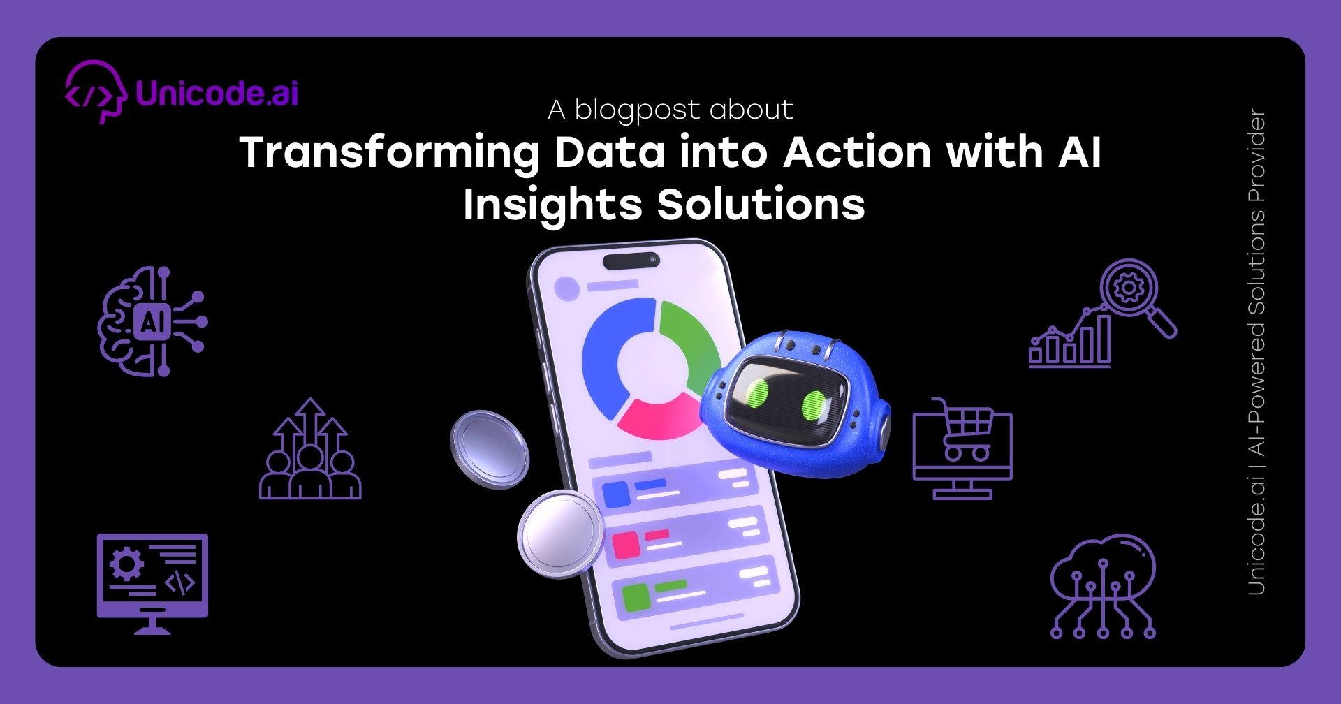 Blog cover with Unicode.ai logo featuring AI sentiment and review analysis solutions icons, including a hand selecting a happy face, user avatar surrounded by arrows, and various tech and analytics symbols on a black and purple background.