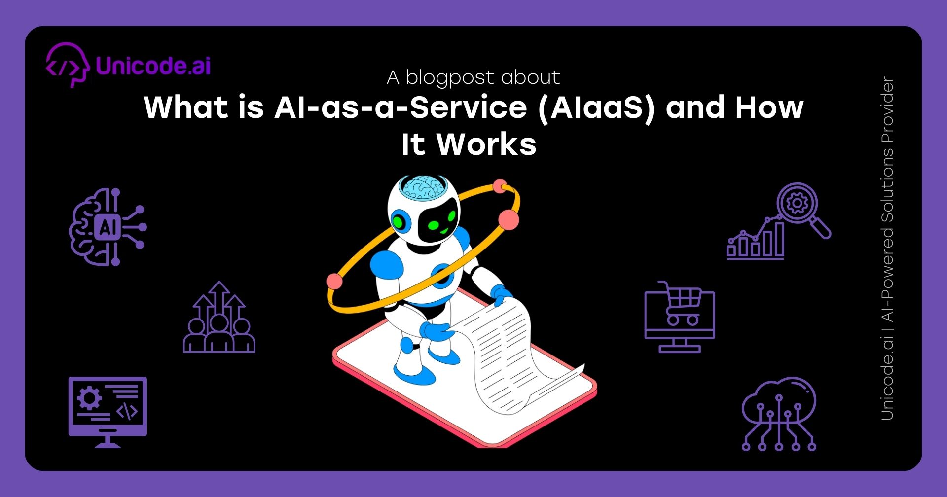 Blog cover with Unicode.ai logo featuring AI sentiment and review analysis solutions icons, including a hand selecting a happy face, user avatar surrounded by arrows, and various tech and analytics symbols on a black and purple background.