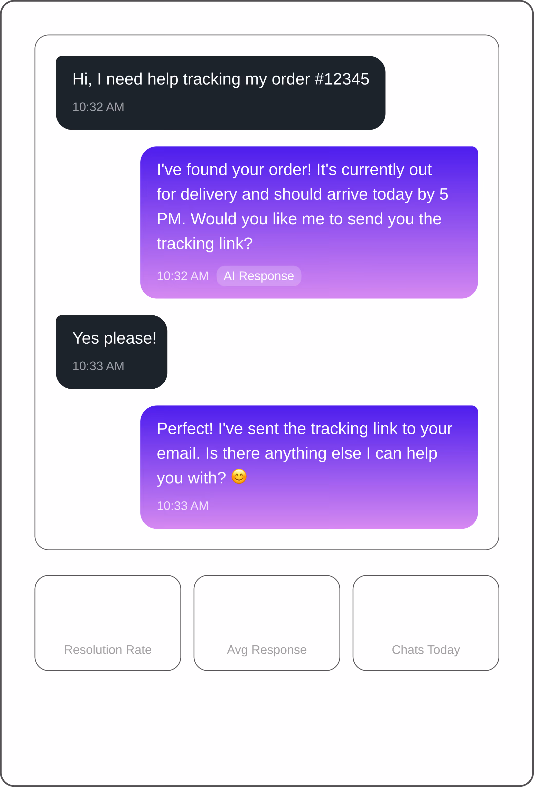 Chat conversation showing a customer asking to track order #12345 and an AI responding with delivery details and confirmation of sending a tracking link.