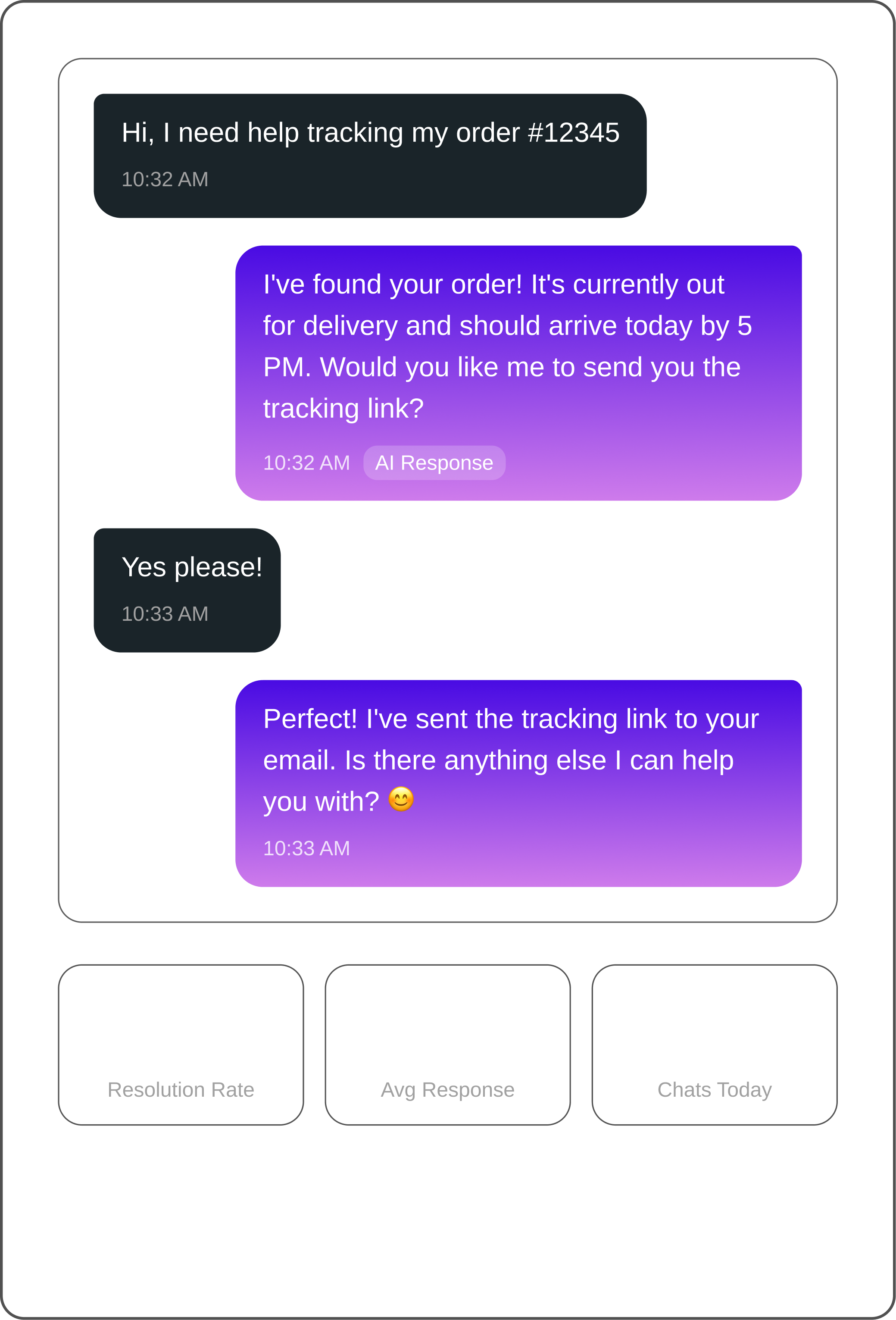 Chat conversation showing a customer asking to track order #12345 and an AI responding with delivery details and confirmation of sending a tracking link.