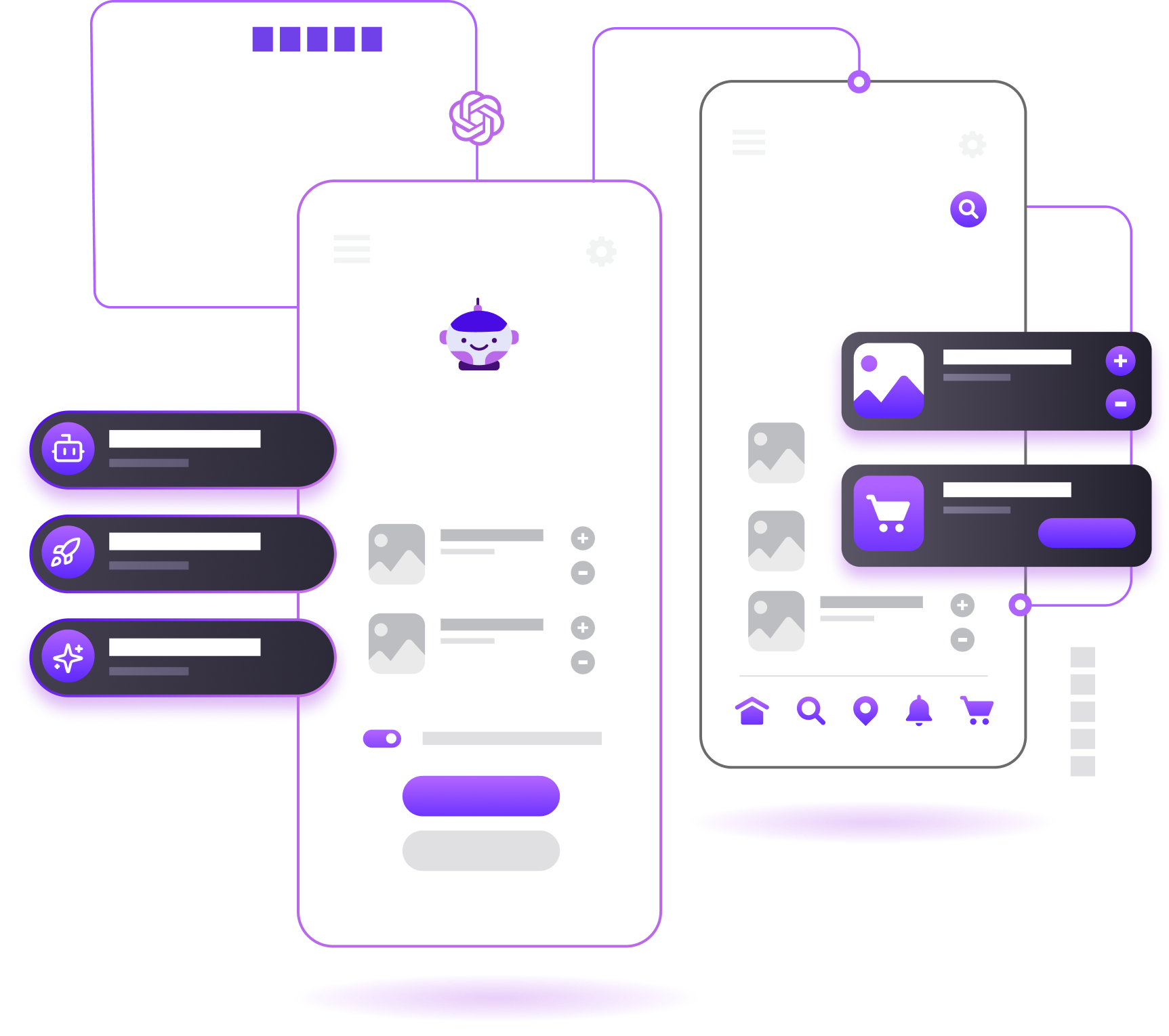 Illustration of two mobile screens with UI elements including profile icons, settings, menus, images, and interactive buttons connected by purple lines.