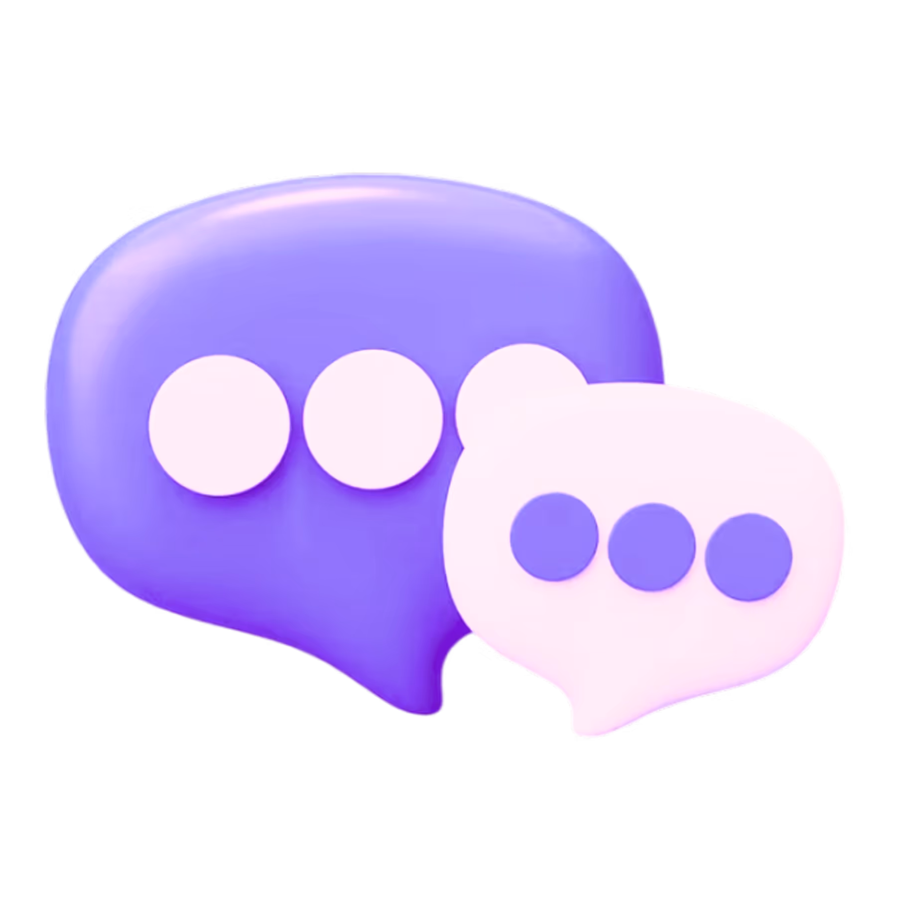 Two overlapping chat bubbles with three dots inside each; one bubble is purple and the other is light pink.