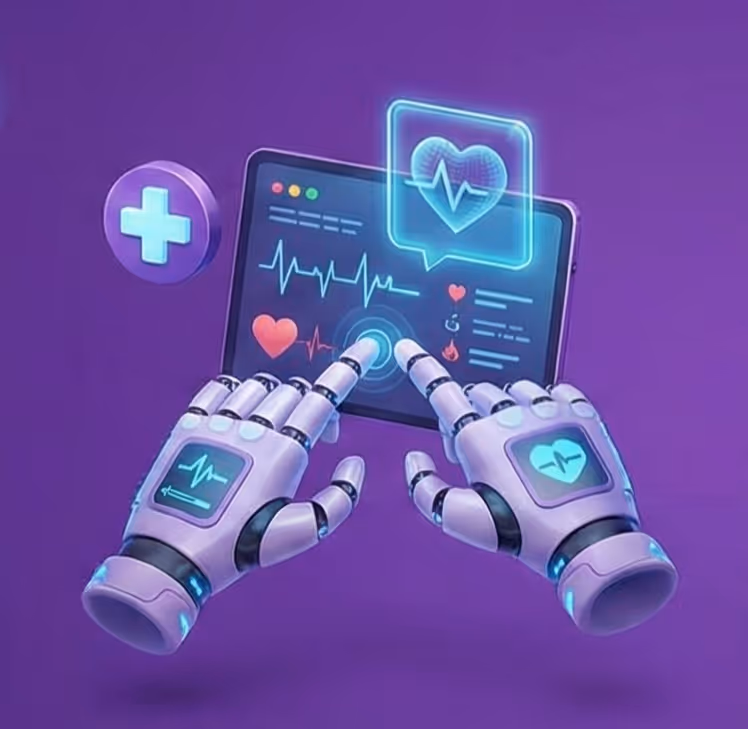 Futuristic robotic hands interacting with a digital health monitoring interface showing heart rate and medical icons on a purple background.