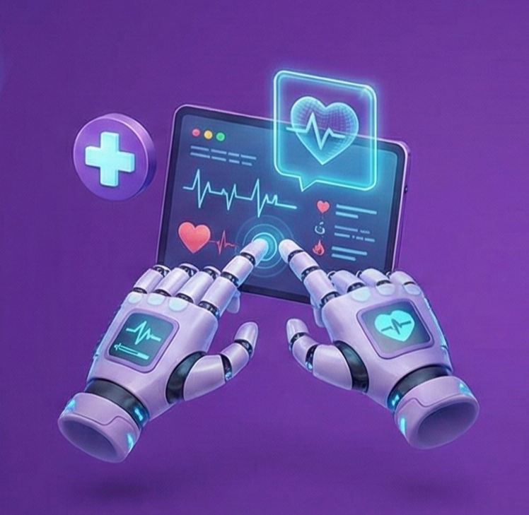 Futuristic robotic hands interacting with a digital health monitoring interface showing heart rate and medical icons on a purple background.