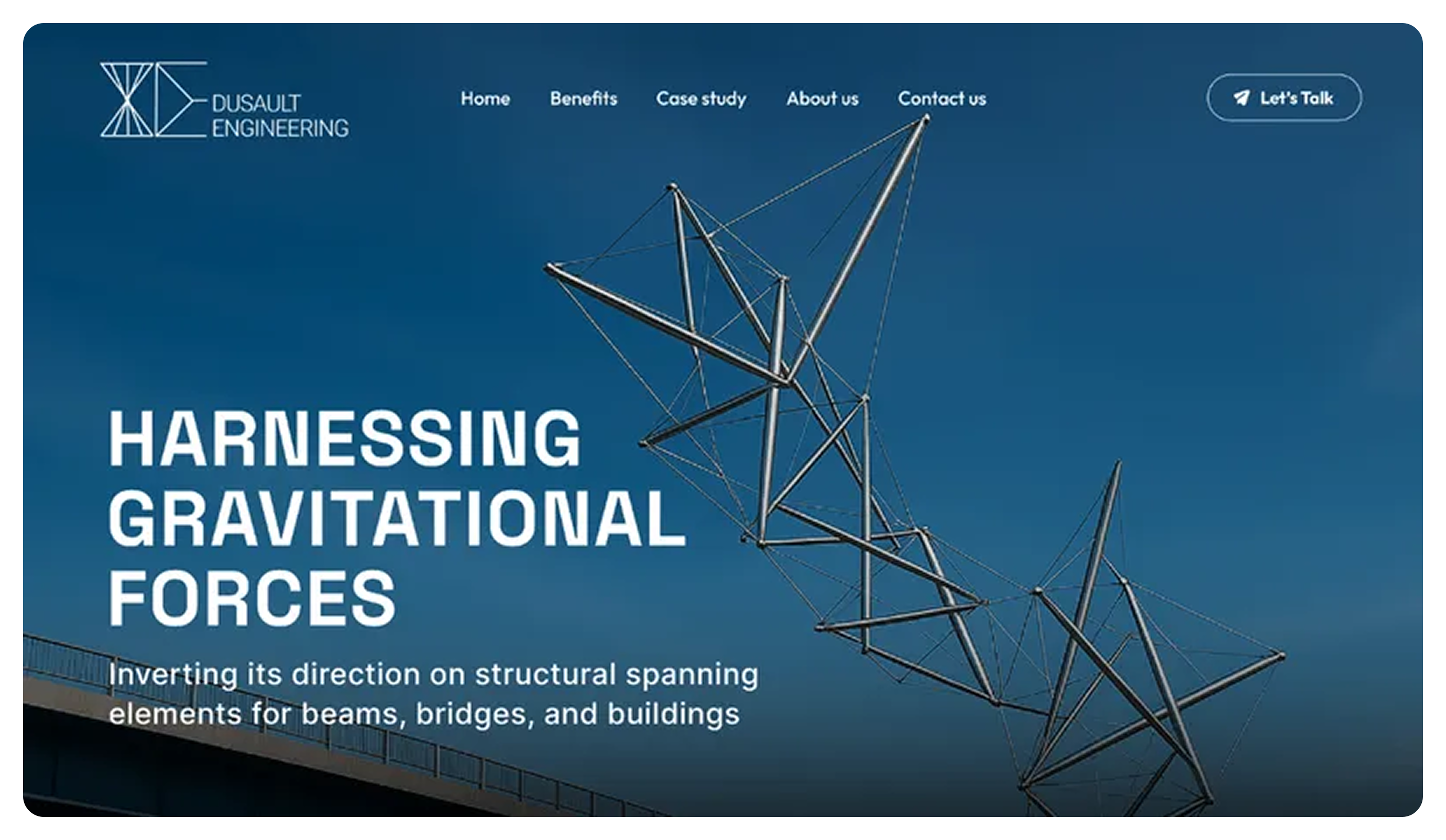 Dusault Engineering website header with geometric metal structure against a blue sky and text about harnessing gravitational forces for beams, bridges, and buildings.