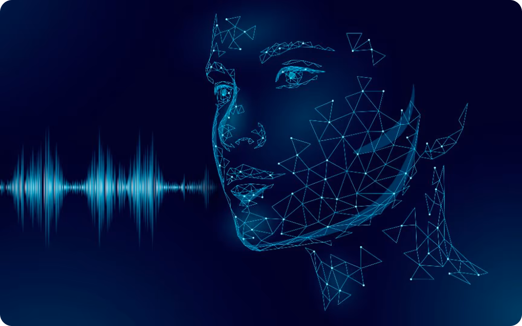Digital wireframe of a human face with connected triangular nodes and a sound wave pattern to the left on dark blue background.