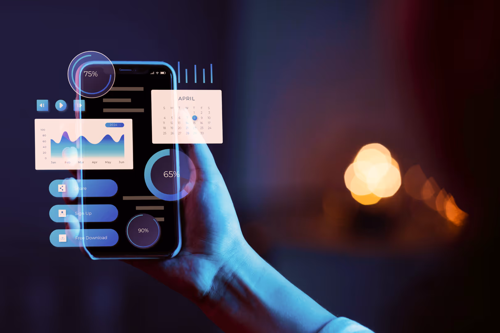 Hand holding smartphone displaying holographic data charts, calendar, progress circles, and app buttons in a dark setting.